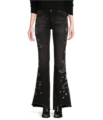 Driftwood Eva X Celestial Metallic Embroidered Stretch Denim Flare Leg Jeans