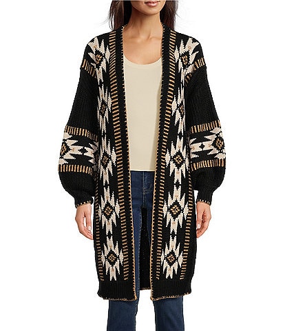 Driftwood Geometric Print Knit Open Front Long Blouson Sleeve Long Cardigan