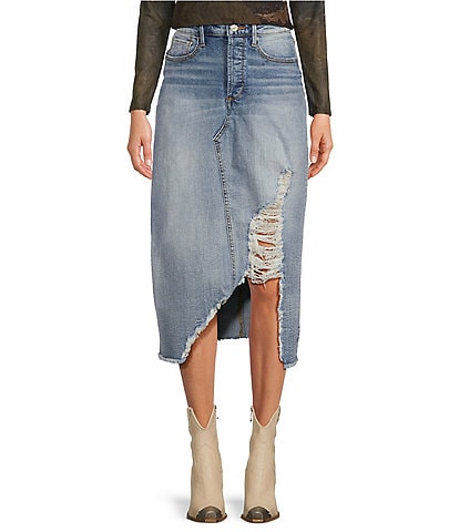 Driftwood Light Wash Denim Ultra Distressed High Rise A-Line Midi Skirt