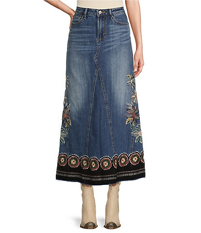 Driftwood Medium Wash Denim Floral Embroidery High Rise A-Line Maxi Skirt