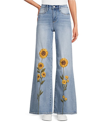 Driftwood Penelope Stretch Denim Sunflower Embroidered Wide Leg Jeans