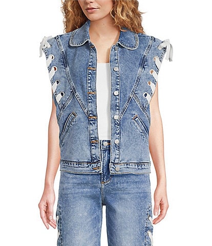 Driftwood Stretch Denim Rounded Collar Lace Bow Vest