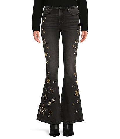 Driftwood Stretch Gold Shooting Star Embroidered Farrah Flare Jeans