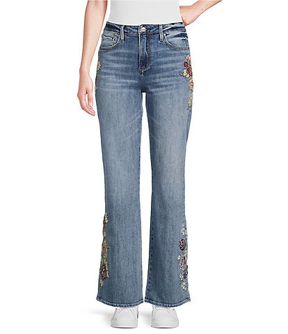 Womens Chic Floral Embroidered Mid Rise Flare Wide Leg Long Denim