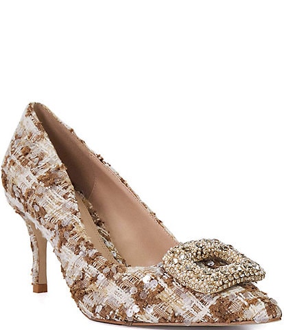 Dune London Aquamarine Plaid Boucle Jewel Brooch Pumps