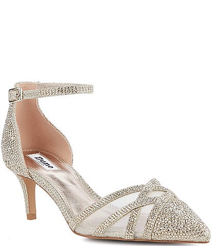 Dune London Composed Rhinestone Metallic and Mesh Ankle Strap Pumps