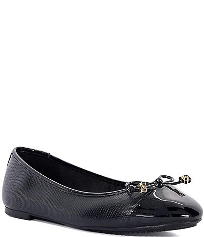 Dune London Hallis Lizard Print Leather Patent Cap Toe Ballet Bow Flats