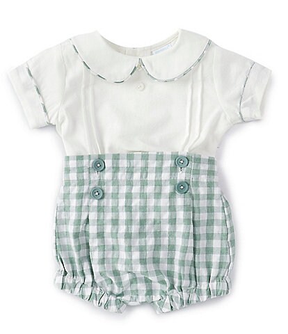 Edgehill Collection Baby Boy Newborn - 24 Months Short Sleeve Peter Pan Top and Gingham Short Set