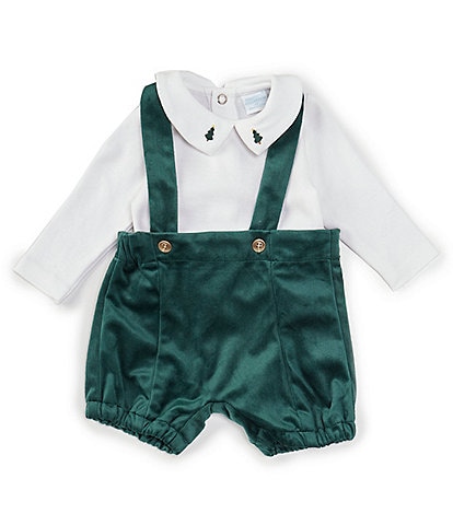 Edgehill Collection Baby Boy Newborn-24 Months Christmas Tree Embroidered Peter Pan Long Sleeve Velvet Shortall Set