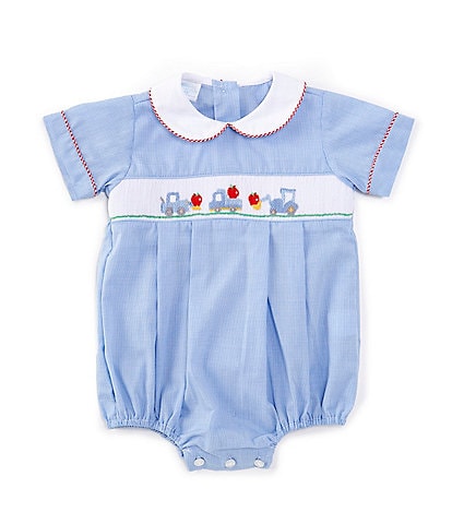 Edgehill Collection Baby Boys 3-24 Months Peter Pan Short Sleeve Trucks and Apples Smocked Bubble