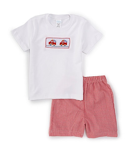 Edgehill Collection Baby Boys 3-24 Months Round Neckline Short Sleeve Firetruck T-Shirt & Plaid Shorts Set