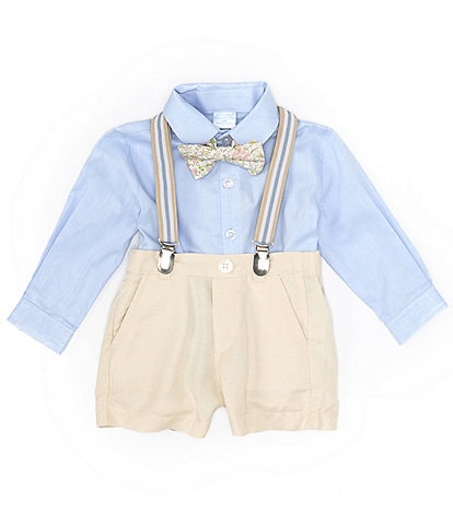 Edgehill Collection Baby Boys 3-24 Months Stripe Button-Front Shirt & Linen Suspender Shorts 4-Piece Set