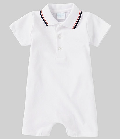 Edgehill Collection Baby Boys Newborn-24 Months Button Front Collar Short Sleeve Stripe Pique Knit Romper