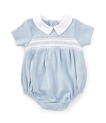 Edgehill Collection Baby Boys Newborn-9 Months Collared Neckline Short Sleeve Solid Smocked Bubble