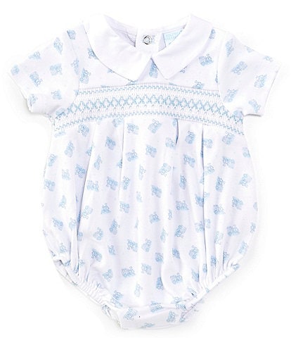 Edgehill Collection Baby Boys Newborn-9 Months Collared Neckline Short Sleeve Train Print Smocked Bubble