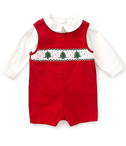 Edgehill Collection Baby Boys Smocked Christmas Tree Jon Jon Romper