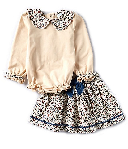 Edgehill Collection Baby Girl 12-24 Months Peter Pan Collar Long Sleeve Knit Body Suit & Floral Skirt Set