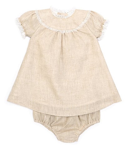 Edgehill Collection Baby Girl Newborn - 24 Months Puff Short Sleeve Tan Dress and Panty Set