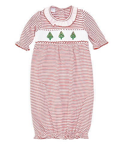 Edgehill Collection Baby Girl Newborn-3 Month Round Neck Long Sleeve Christmas Tree Smocked Gown