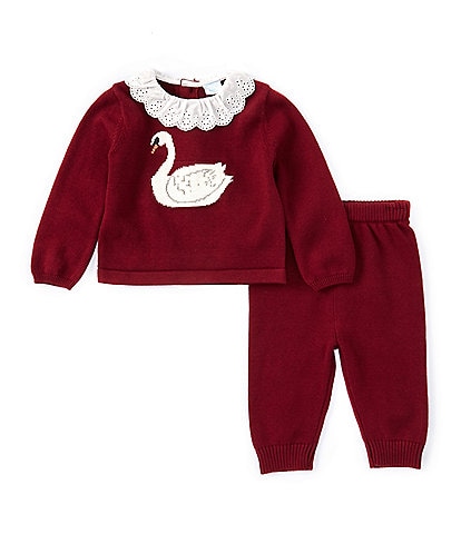 Edgehill Collection Baby Girls 3-24 Months Long Sleeve Flutter Collar Sweater Swan Shirt & Pants Set