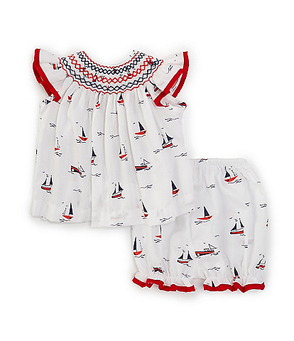 Edgehill Collection Baby Girls 3-24 Months Round Smocked Neck Flutter Sleeve Americana Sailboat Dress