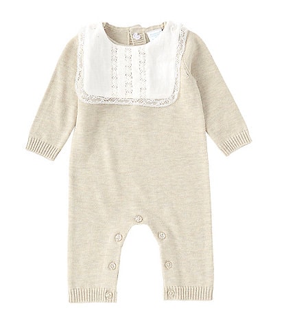 Edgehill Collection Baby Girls Newborn - 6 Months Long Sleeve Sweater Knit Coverall & Removable Lace Bib