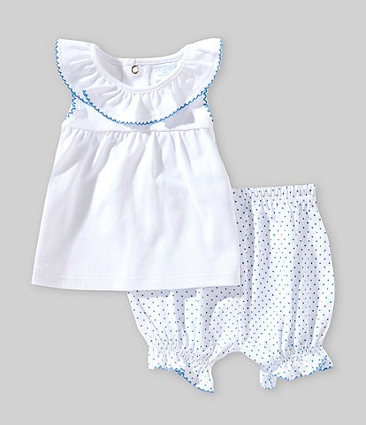 Edgehill Collection Baby Girls Newborn-24 Months Ruffle Neck Short Sleeve Top & Polka Dot Shorts Set