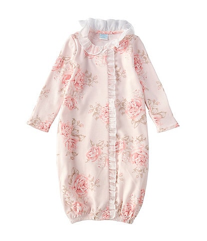 Edgehill Collection Baby Girls Newborn-6 Months Rose Floral Printed Chiffon Ruffle Interlock Gown