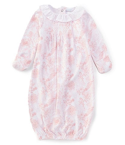 Edgehill Collection Baby Girls Newborn-6 Months Ruffle Collar Long Sleeve Toile Print Gown