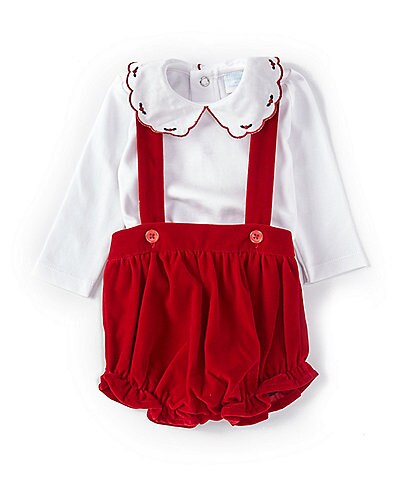 Edgehill Collection Baby Girls Newborn-9 Months Long Sleeve Peter Pan Collar Long Sleeve Top & Overall Bubble Set