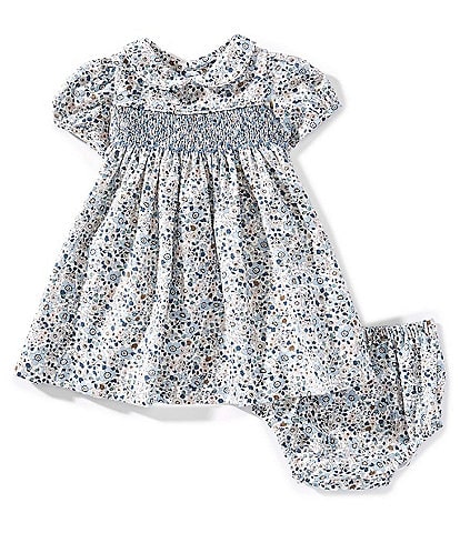 Edgehill Collection Baby Girls Peter Pan Collar Smocked Blue Floral Dress