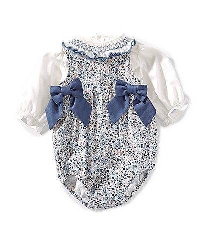 Edgehill Collection Baby Girls Side-Tie Floral Bubble and long Sleeve Top Set