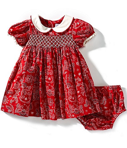 Edgehill Collection Baby Girls Smocked Bandana Print Peter Pan Cap Sleeve Dress