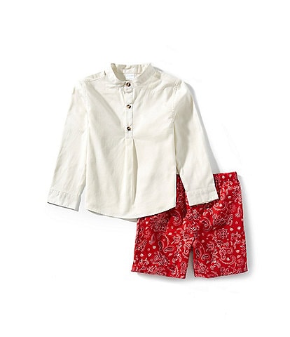 Edgehill Collection Little Boys Long Sleeve Shirt & Bandana Print Pull-On Shorts Set