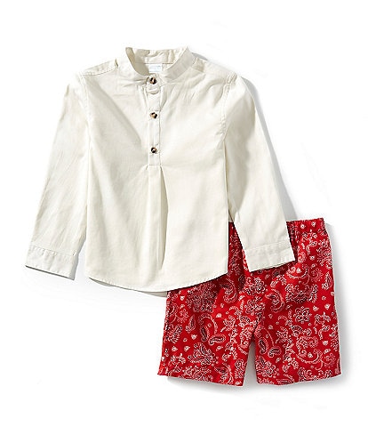 Edgehill Collection Little Boys Long Sleeve Shirt & Americana Bandana Print Pull-On Shorts Set