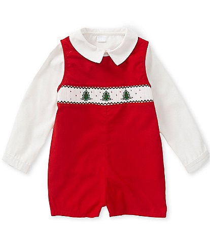 Edgehill Collection Little Boys Smocked Christmas Tree Jon Jon Romper