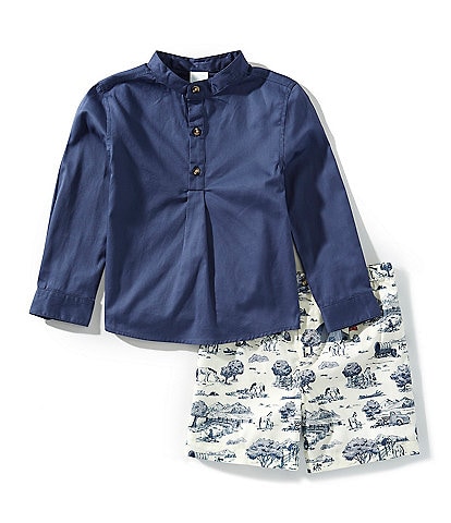 Edgehill Collection Little Boys Toile Print Long Sleeve Shirt & Pull-On Shorts Set
