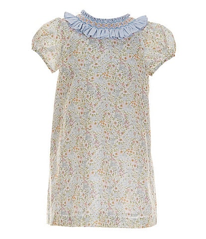 Edgehill Collection Little Girl 2T-6X Floral Round Smocked Neck Cap Sleeve Dress