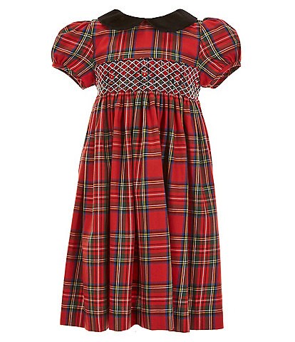 Edgehill Collection Little Girl 2T-6X Short Sleeve Velvet Collar Smocked Plaid Dress