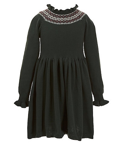 Edgehill Collection Little Girl 2T-6X Smocked Mock Fairisle Neck Sweater Dress