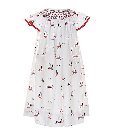 Edgehill Collection Little Girls 2T-6X Round Smocked Neck Flutter Sleeve Americana Sailboat Dress