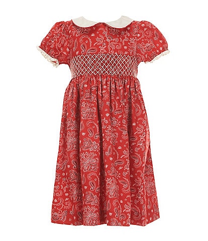 Edgehill Collection Little Girls Smocked Bandana Print Peter Pan Cap Sleeve Dress