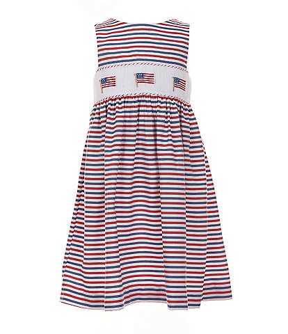 Edgehill Collection Little Girls 2T-6X Family Matching Square Neck Tie Shoulders American Flag Smocked Dress