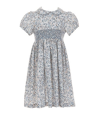 Edgehill Collection Little/Big Girls Peter Pan Collar Cap Sleeve Smocked Floral Print Dress