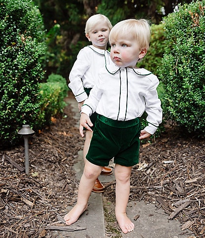 Edgehill Collection x Darby Fallon Clark Little Boys 2T-4T Whit Dog Embroidered Shirt and Velvet Shorts Set