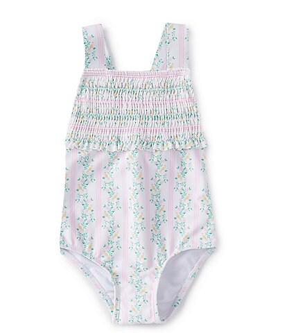 Edgehill Collection X Pearly Gates Little Girl 2T-6X Smocked Floral Stripe One-Piece Swimsuit