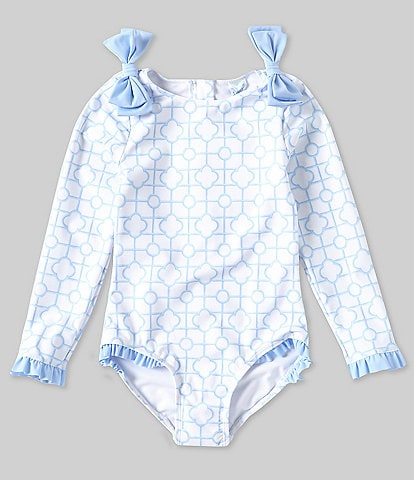 Edgehill Collection x The Broke Brooke Little Girls 2T-6X Round Neck Long Sleeve Bow Shoulder Detail One Piece Swimsuit