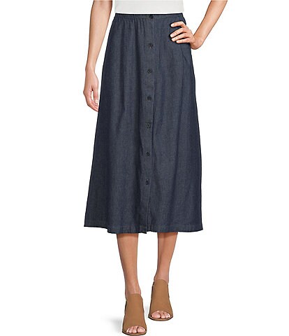 Eileen Fisher Airy Organic Cotton Twill Button Front A-Line Midi Skirt