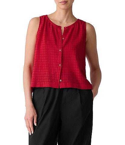Eileen Fisher Airy Textured Organic Cotton Blend Round Neck Sleeveless Button Front Top