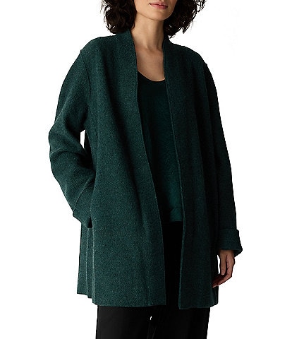Eileen Fisher Boiled Wool Jersey Knit High Collar Long Sleeve Open-Front Jacket